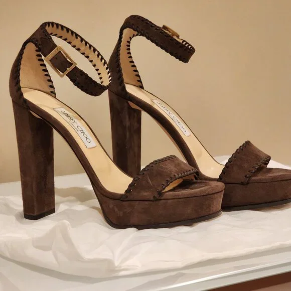 Excellent EU39 Jimmy Choo Platform Sandal Holly Chocolate Brown Suede - Picture 1 of 11